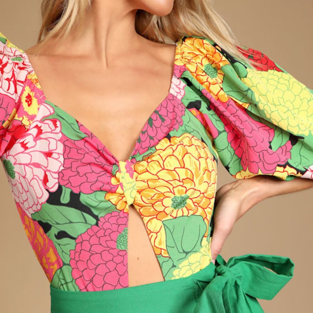 Lulus Freshly Bloomed Green Multi Floral Print Puff Sleeve Bodysuit - Size L